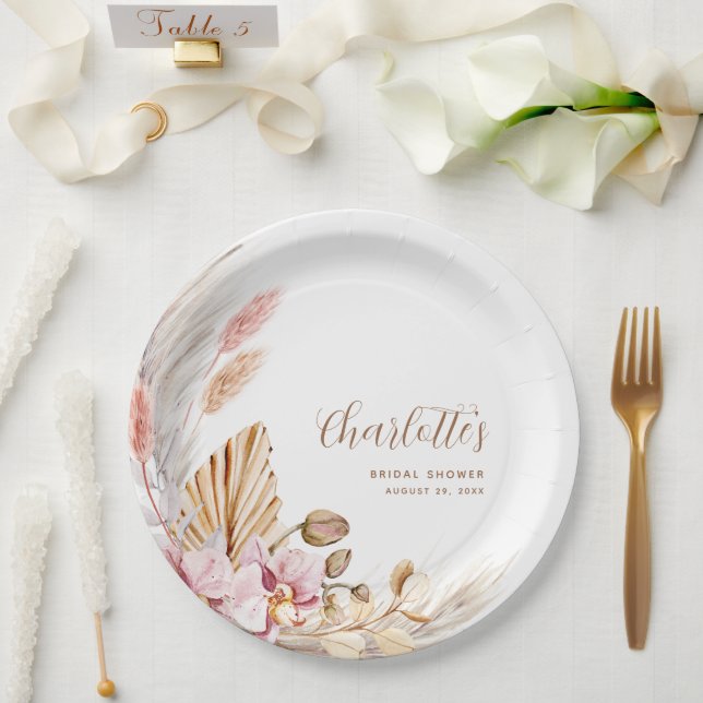Pink Boho Floral Pampas Grass | Bridal Shower  Paper Plates (Wedding)