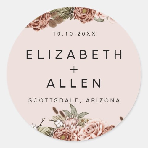 Pink Boho Floral Personalized Bride and Groom Classic Round Sticker