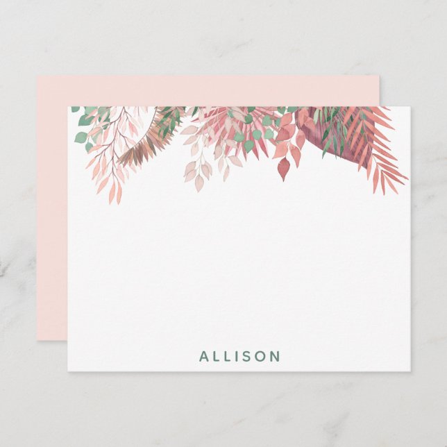 Pink Boho Floral Personalized Flat Note Card (Front/Back)