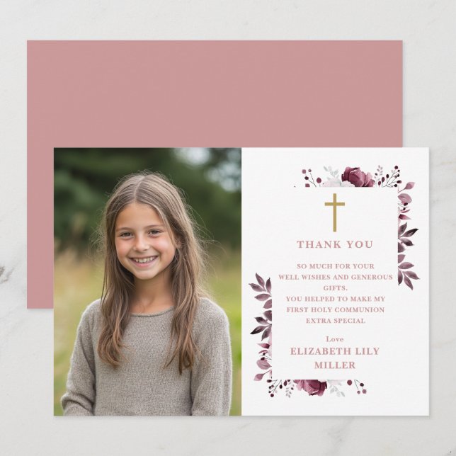 Pink Boho Floral Photo First Holy Communion Thank You Card (Front/Back)