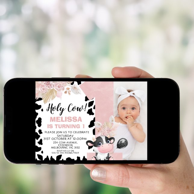 Pink Boho Floral Photo One Holy Cow 1st Birthday Invitation (Front Digital)