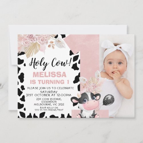 Pink Boho Floral Photo One Holy Cow 1st Birthday Invitation