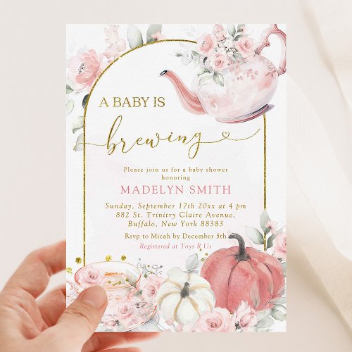 Pink Boho Floral Pumpkin A baby Is Brewing Invitation