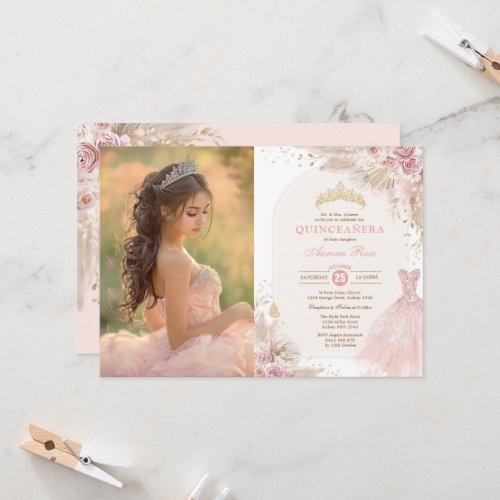 Pink Boho Floral Quinceaera 15th Birthday Photo Invitation