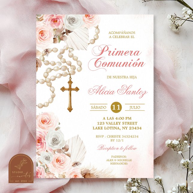Pink Boho Floral Rosary First Holy Communion Invitation (Creator Uploaded)