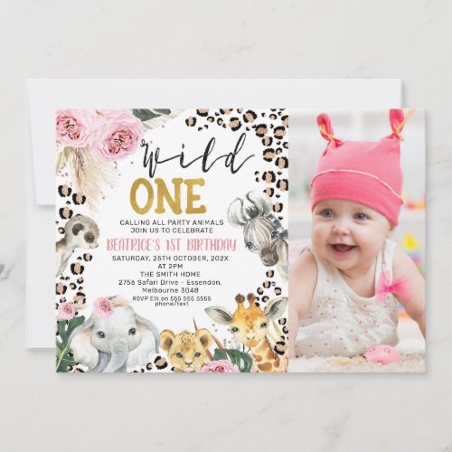 Pink Boho Floral Safari Wild One 1st Birthday Invitation