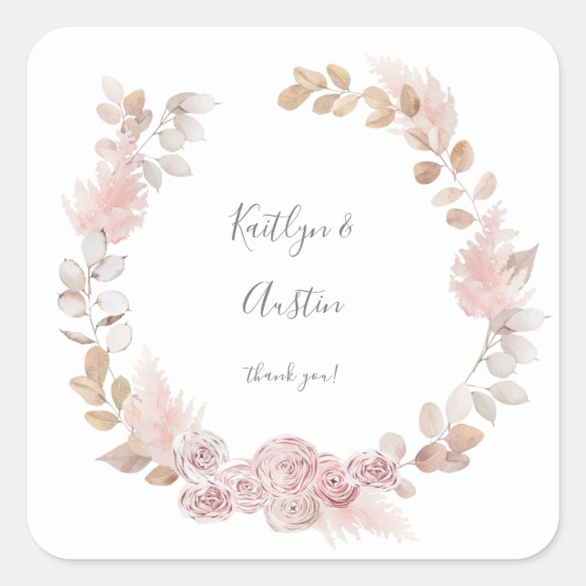 Pink Boho Floral Thank You Square Sticker (Front)