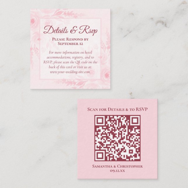 Pink Boho Floral Wedding Details & RSVP QR Code Enclosure Card (Front/Back)