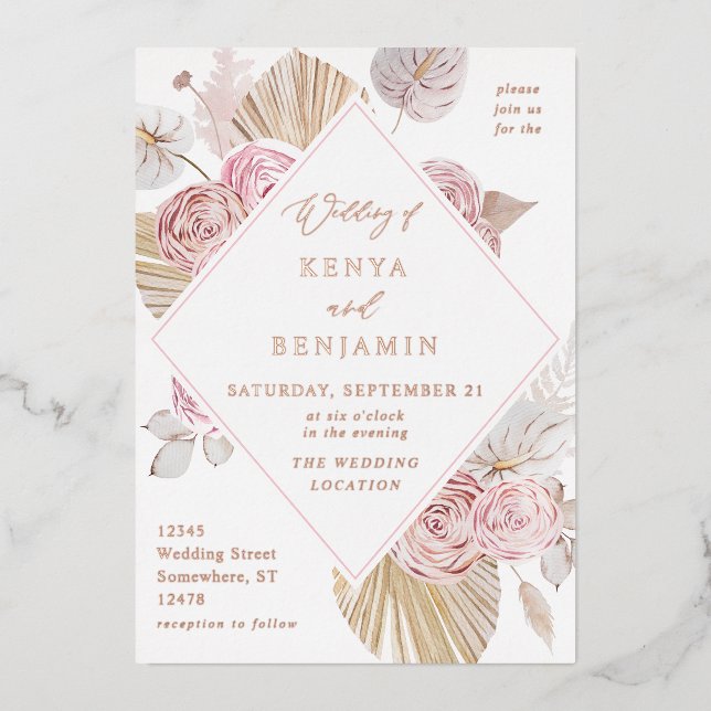 Pink Boho Floral Wedding Invitation Foil (Front)