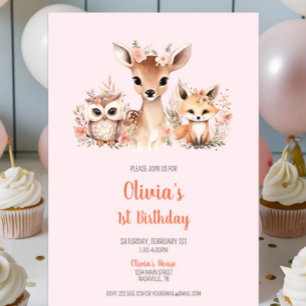 Pink Boho Floral Woodland Animal 1st Birthday Invitation