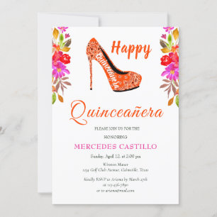 Pink Boho Floral Wreath  Quinceañera Invitation