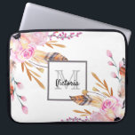 Pink boho florals feather white girly monogrammed laptop sleeve<br><div class="desc">A chic white background with pink florals, roses, sprigs and brown, golden feathers. Summer boho, bohemian style. A gray and white frame with space for your name and monogram letter. The name is written in black with a modern hand lettered style script. Monogram letter in gray. Perfect for school, work,...</div>