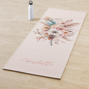 Pink Boho Flower & Feathers Elegant  Yoga Mat