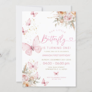 Pink Boho Flowers and Butterflies Birthday Invitation