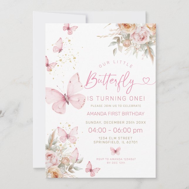 Pink Boho Flowers and Butterflies Birthday Invitation (Front)