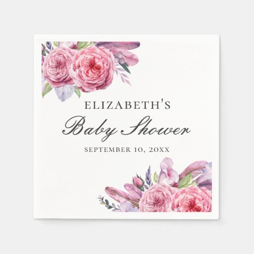 Pink boho flowers and feathers Floral baby shower Napkins