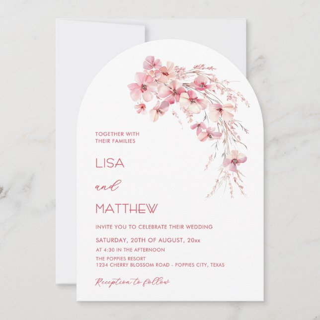 Pink Boho Flowers White Casual Wedding Invitation (Front)