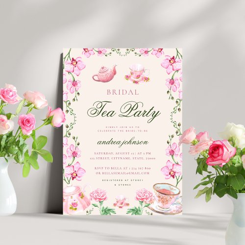 Pink Boho Garden Floral Tea Party Bridal Shower Invitation