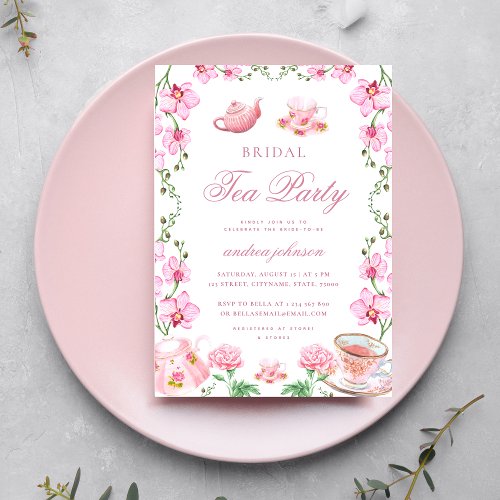 Pink Boho Garden Floral Tea Party Bridal Shower Invitation