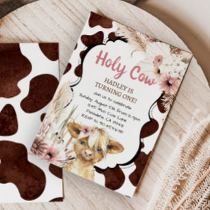 Pink Boho Highland Cow I'm One Girl First Birthday Invitation