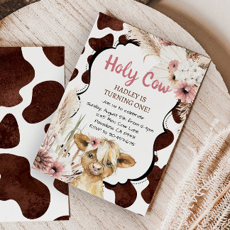 Pink Boho Highland Cow I'm One Girl First Birthday Invitation