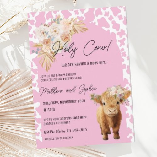 Pink Boho Holy Cow Girl Baby Shower Invitation