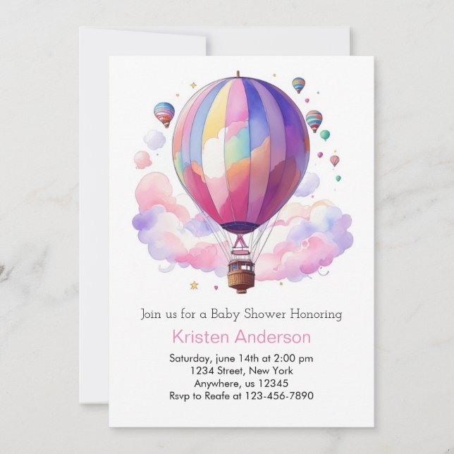 Pink Boho Hot Air Balloon Girl Baby Shower Invitation (Front)