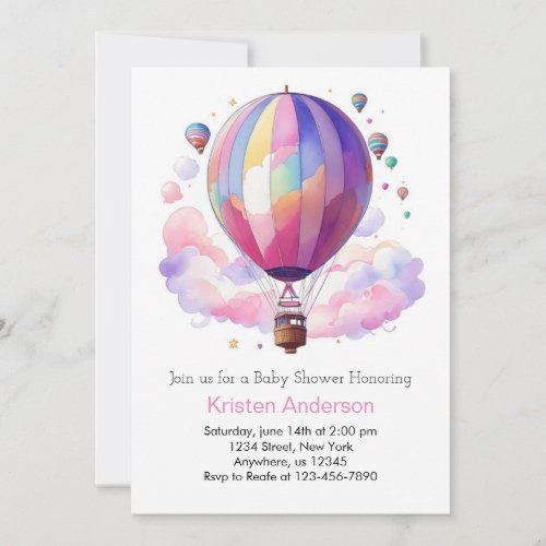 Pink Boho Hot Air Balloon Girl Baby Shower Invitation