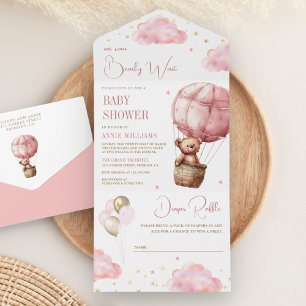 Pink Boho Hot Air Balloon Teddy Bear Baby Shower All In One Invitation