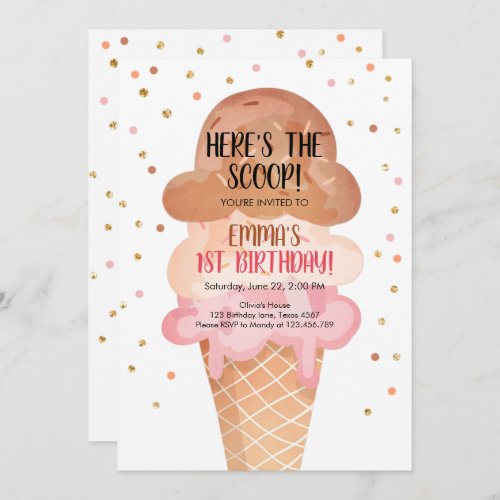Pink Boho Ice Cream Cone Confetti Birthday Invite