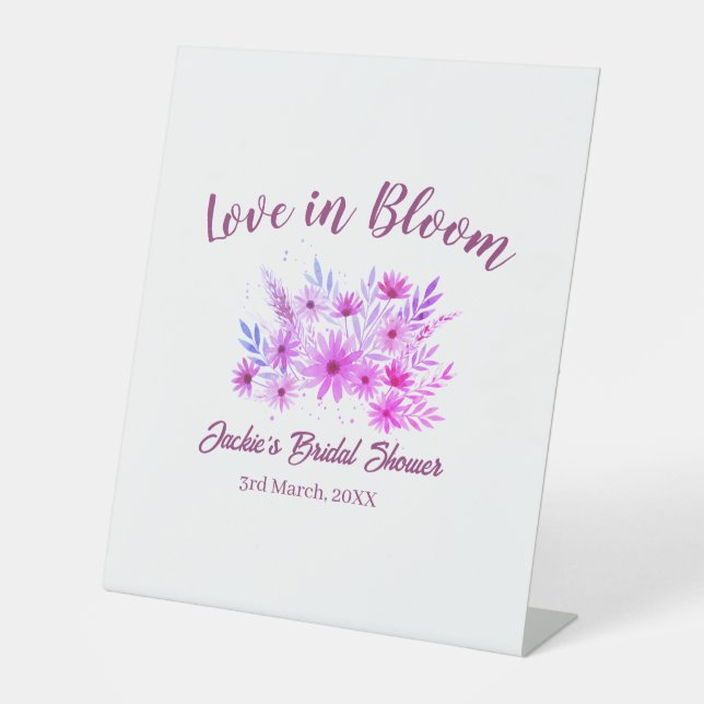 pink  boho love in Bloom bridal shower name retro Pedestal Sign (Front)