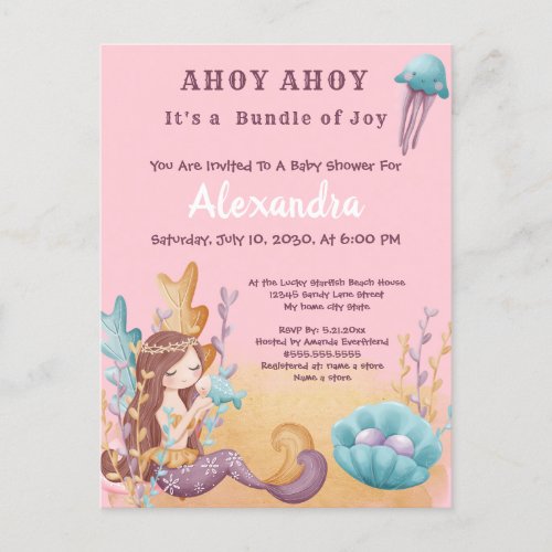 Pink Boho Mermaid Under the Sea Girl Baby Shower Invitation Postcard