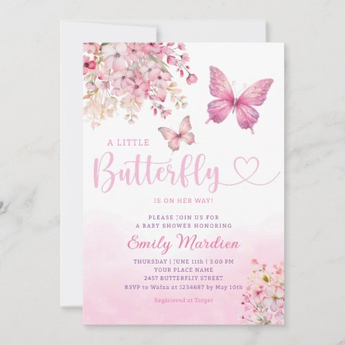 Pink Boho modern Floral Butterfly Girl Baby Shower Invitation