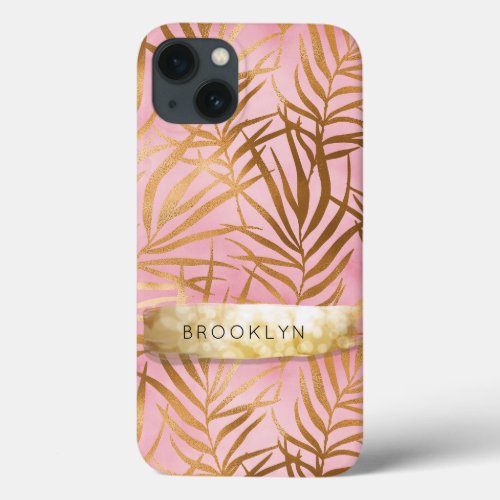 Pink BOHO Modern Gold Palm Foliage w Name iPhone 13 Case