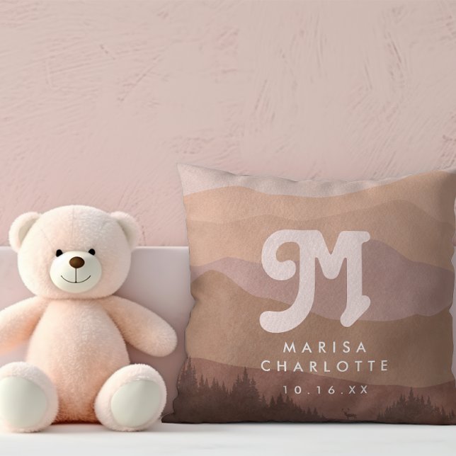 Pink Boho Monogram Mountain & Forest Retro Nursery Throw Pillow (Creator Uploaded)