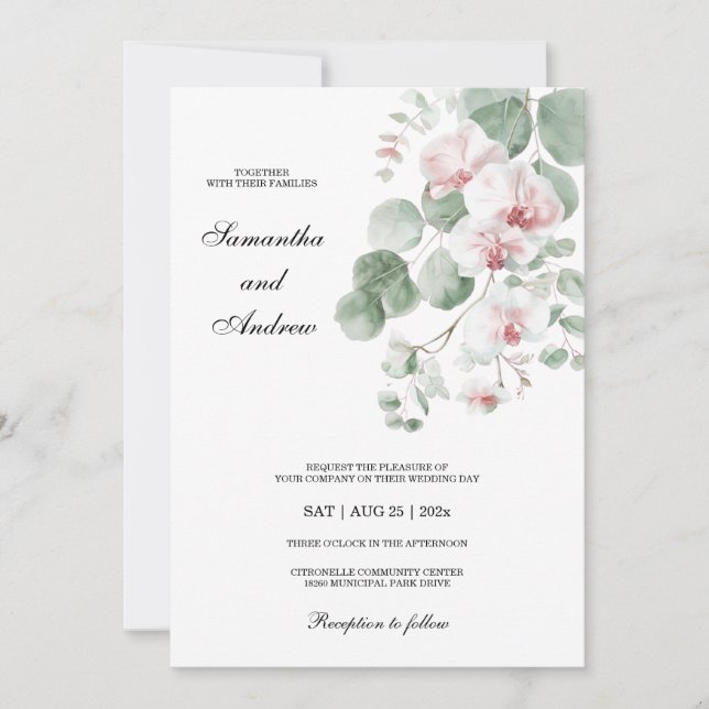 Pink Boho Orchid Themed Wedding Invitation (Front)