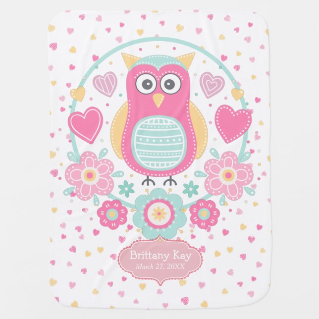 Pink Boho Owl on Hearts Baby Blanket (Front)