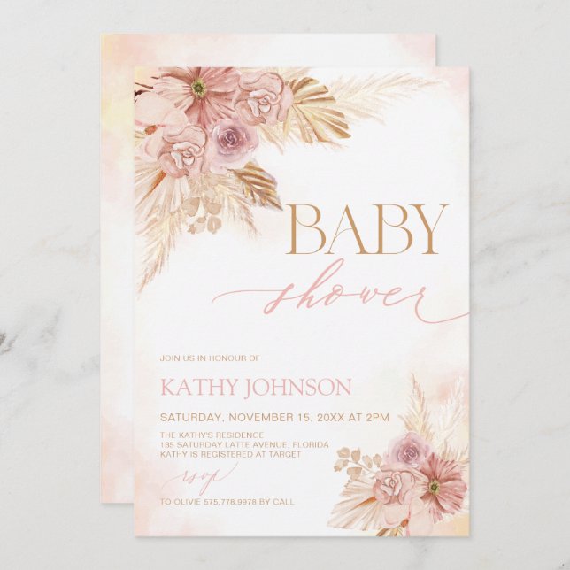 Pink Boho Pampas Baby Shower Girl Invite Editable (Front/Back)