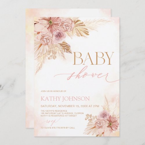 Pink Boho Pampas Baby Shower Girl Invite Editable