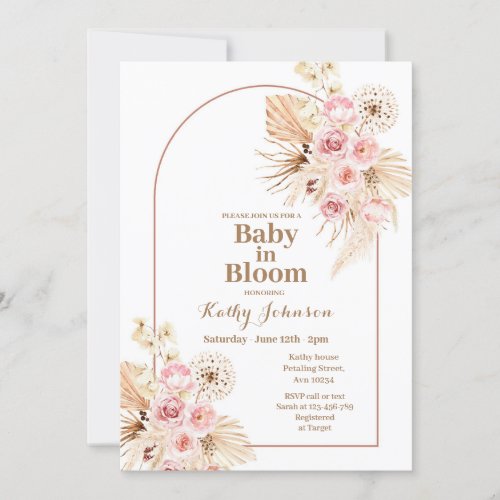 Pink Boho Pampas Grass Baby in Bloom Invitation 