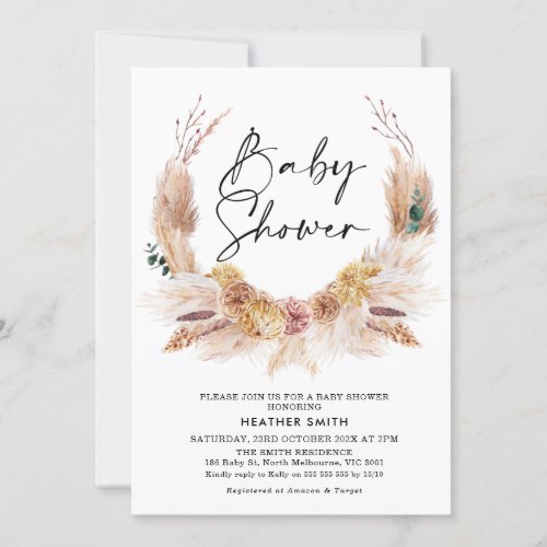 Pink Boho Pampas Grass Baby Shower Invitation