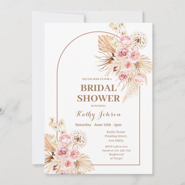 Pink Boho Pampas Grass Bridal Shower Invitation  (Front)