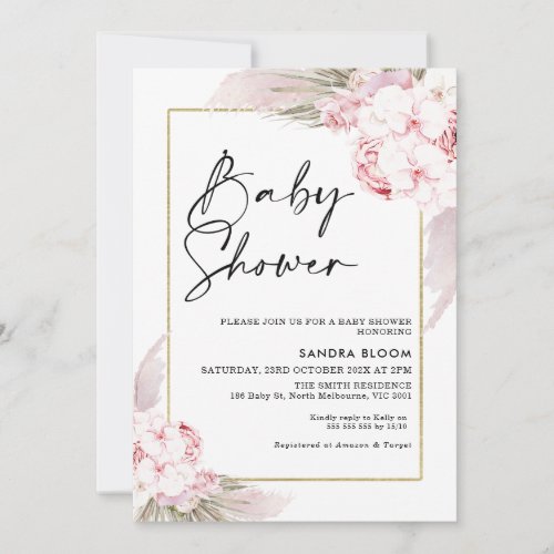 Pink Boho Pampas Grass Frame Baby Shower Invitation