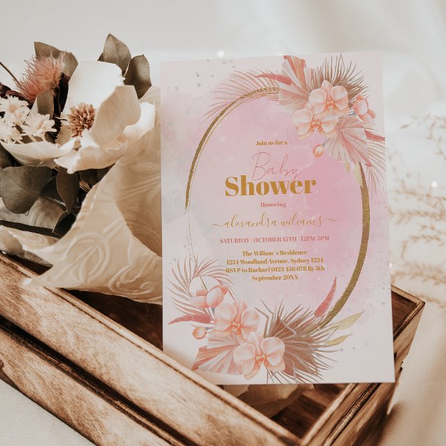 Pink Boho Pampas Grass Girl Baby Shower Invitation (Creator Uploaded)