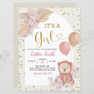 Pink Boho Pampas Grass Girl Baby Shower Invitation