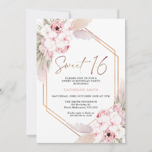 Pink Boho Pampas Grass Sweet 16 Birthday Invitation