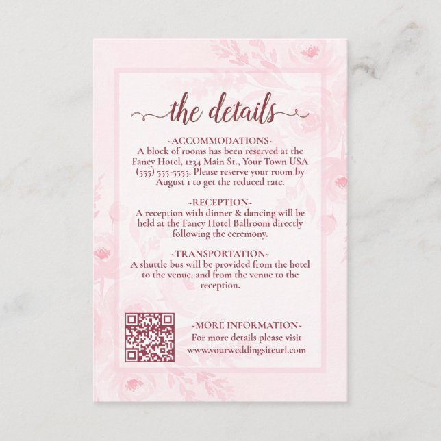 Pink Boho Peonies Wedding Details QR Code Enclosure Card (Front)