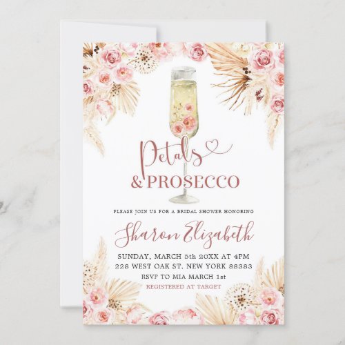 Pink Boho Petals and Prosecco Bridal Shower Theme Invitation