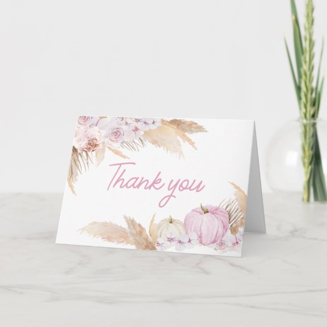 Pink Boho Pumpkin Baby Shower Thank You Card (Front)