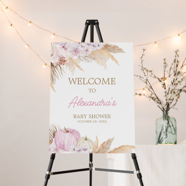 Pink Boho Pumpkin Baby Shower Welcome Sign (In Situ (Stand))